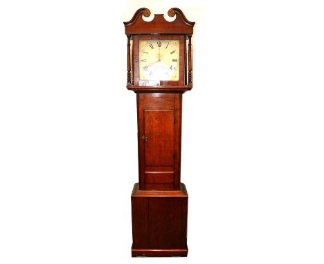 Oak longcase clock, swan-neck pediment, short door, square painted dial signed Josh Gibbs, Souldern, 30 hour movement, height