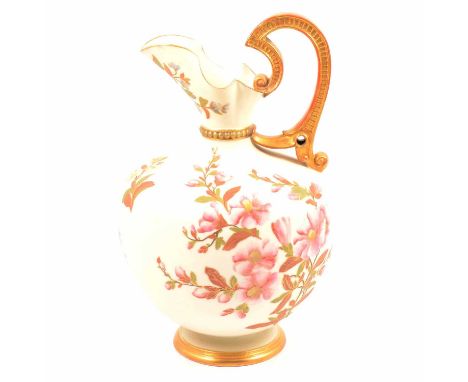 Royal Worcester, large blush ivory ware ewer, shape 1227, painted with flowers, 27cm (restored).