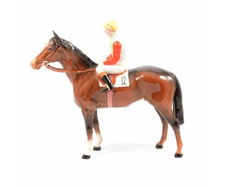 Beswick Racehorse and Jockey, model No. 1862, standing brown gloss horse, jockey in light green and light blue silks with red