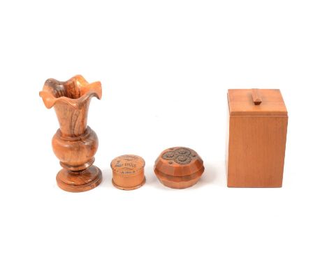 Olive wood vase, 20cm; three oak caddy boxes and other wooden boxes.