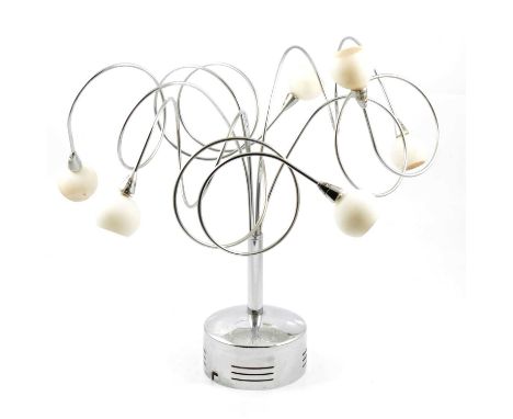 Contemporary chrome ceiling light, with six freeform branches, 42cm drop; modern Chinese lamp base; and a blue glass fruit bo