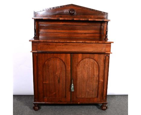 Early Victorian rosewood chiffonier, architectural shaped back with open shelf, single frieze drawer above pair of arched pan