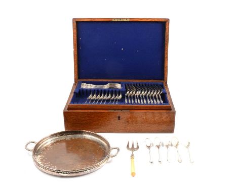 A part canteen of Kings pattern silver-plated cutlery, in a wooden case, 28.5cm x 41cm; a twin-handled silver-plated salver, 
