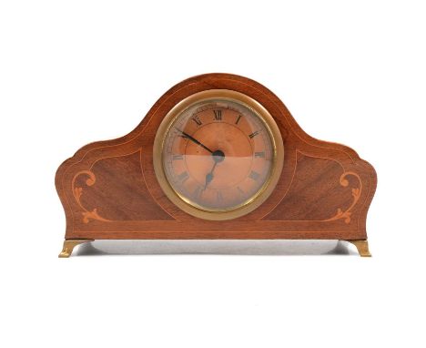 Edwardian mahogany mantel clock with cylinder movement, circular dial now discoloured, brass feet, 14cm.