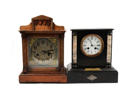 Victorian slate and marble mantel clock, brass presentation plaque dated 1882, French cylinder movement striking on a bell, 2