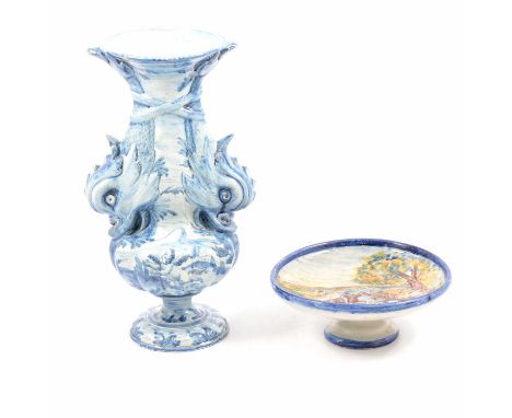 Italian maiolica blue and white vase, Cantagalli, modelled with fish to the shoulder, 96cm; and a maiolica style tazza, 15.5c