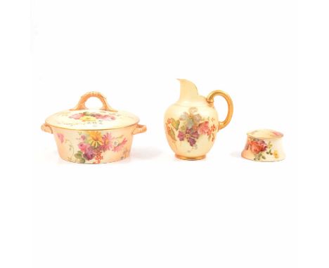 Royal Worcester, three items of ivory blush ware, including jug 11.5cm, covered twin-handled bowl, 13cm diam, and a pin dish 