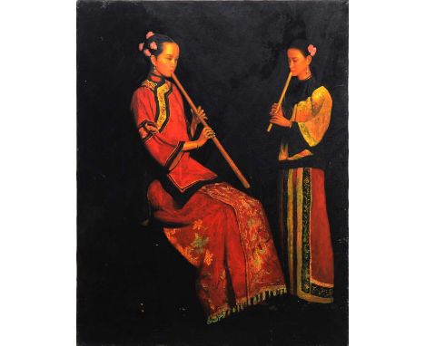 Hong Kong School, Two flautists, oil on canvas over a print foundation, 80x65cm, unframed.