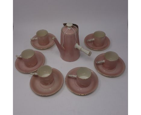 A pink Victoria Czechoslovakia porcelain part coffee set, comprising hot water pot, 6 coffee cups and 6 saucers, marked to ba