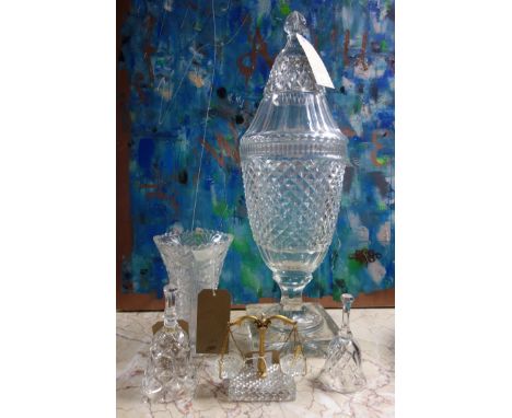 A large cut crystal vase and cover (some chips, H.69cm), a pair of cut glass salts in the form of weighing scales, 2 glass be