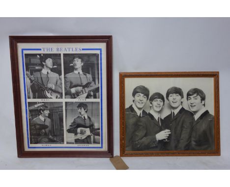 A framed and glazed Beatles print with printed signtures (40x49cm) and another larger similar. 