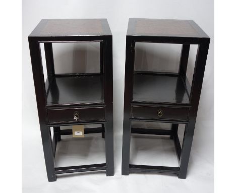 A pair of Chinese black lacquered lamp tables with drawer, H.82 W.36 D.41cm 