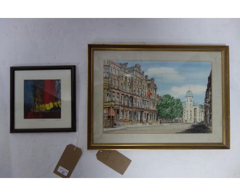 A small framed abstract oil on card, The Ladder lll, indistinctly signed (13x13cm) and a framed watercolour of Knightsbridge 
