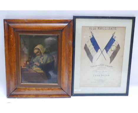 A Victorian print in maple frame together with a 19th century French coloured print 
