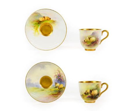 A Royal Worcester Porcelain Miniature Cup and Saucer, by Ernest Barker, 1913, painted with sheep in a highland landscape with