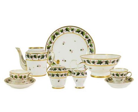 A Paris Porcelain Tea and Coffee Service, early 19th century, painted with scattered ivy sprigs within a similar border and g