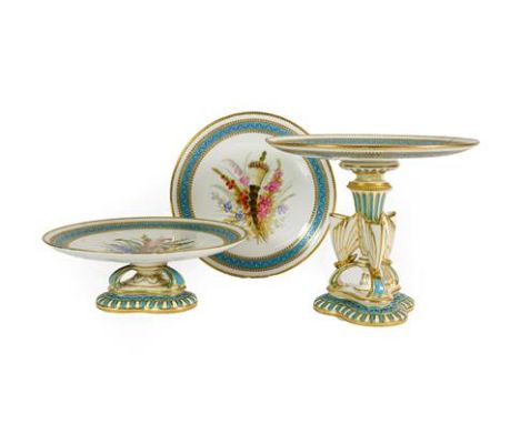 A Royal Worcester Porcelain Dessert Service, 1876, painted with sprays of flowers within a light blue and gilt border with wh