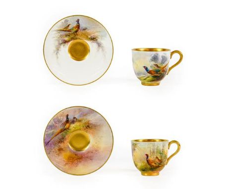 A Royal Worcester Porcelain Miniature Cup and Matched Saucer, by James Sinton, 1914 and 1915, painted with pheasants in lands