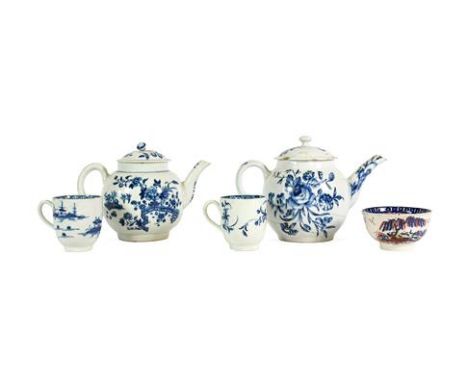 A Bow Porcelain Teapot and Cover, circa 1760, printed in underglaze blue with sprays of flowers and scattered sprigs, 15cm hi