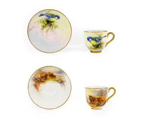 A Royal Worcester Porcelain Miniature Cup and Saucer, by Harry Stinton, 11915, painted with highland cattle in landscape with