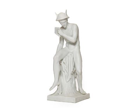 A German Bisque Porcelain Figure of Mercury, 19th century, sitting on a draped tree trunk holding pan pipes and a sword, on a