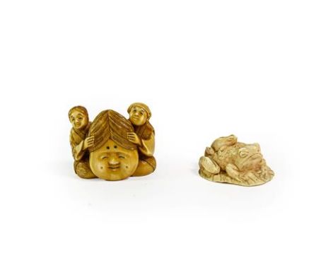 A Japanese Ivory Netsuke, Meiji period, carved as a toad on a lily pad, its young on its back, signed, 4.5cm wide; and A Simi