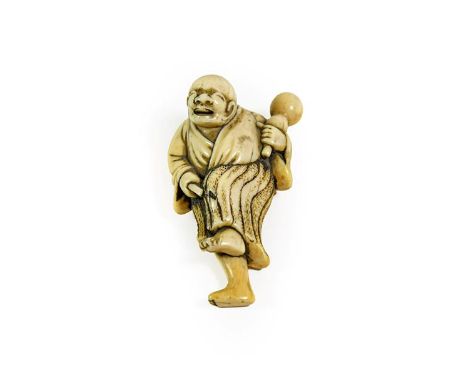 A Japanese Ivory Netsuke, Edo period, carved as a bald man standing on one leg holding a gourd, 5.5cm high.  Split around hea