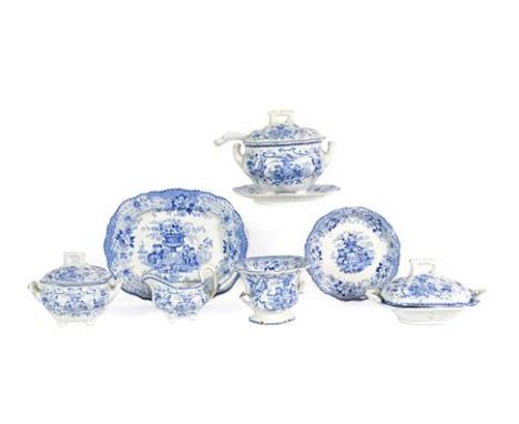 A Staffordshire Pottery Miniature Dinner Service, possibly William Ridgeway, 1830-40, printed in underglaze blue with couples