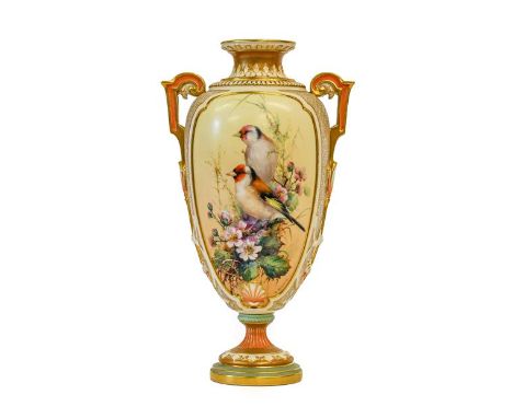 A Royal Worcester Porcelain Vase, by Charles Baldwin, 1901, of baluster form with strap handles, painted with goldfinches per