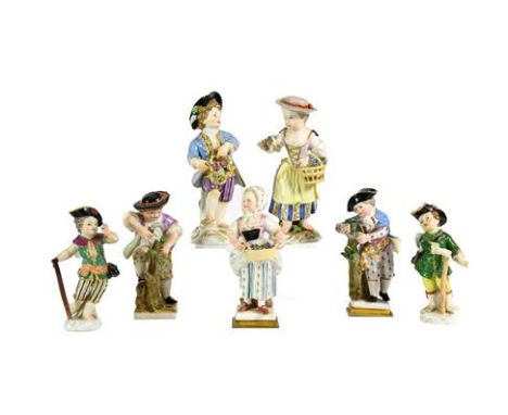 A Pair of Meissen Porcelain Figures of Cupid in Disguise, late 19th century, both in 18th century costume wearing black hats 