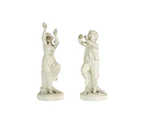 A Pair of Derby Bisque Figures of Musicians, circa 1775, she playing a pair of cymbals, he a pipe, on circular bases, inscrib