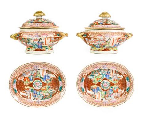 A Pair of Chinese Porcelain Sauce Tureens, Covers and Stands, Qianlong, of ovoid form with entwined handles and domed knops, 