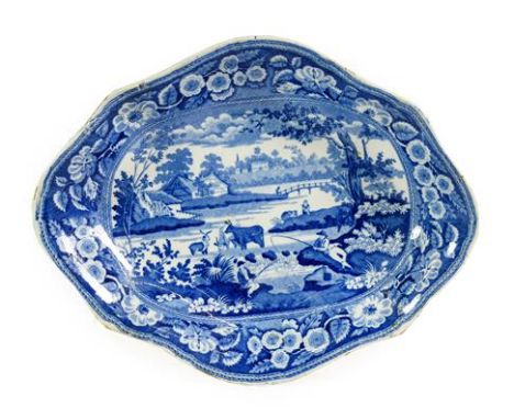 A Pair of John Meir Pearlware Dishes, circa 1820, of lobed oval form, printed in underglaze with a fisherman and cattle besid