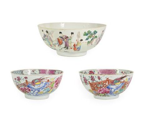 A Chinese Porcelain Punch Bowl, Qianlong, painted in famille rose enamels with dignitaries in horseback with attendants in la