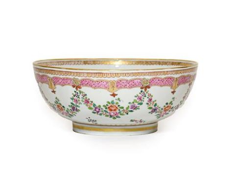 A Samson of Paris Porcelain Punch Bowl, 19th century, painted in Chinese Export style with swags hung from a pink scale borde