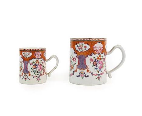 A Chinese Porcelain Mug, Qianlong, of cylindrical form, painted in famille rose enamels with flowersprays within lattice and 