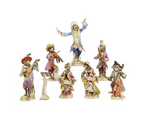 A Meissen Porcelain Monkey Band, 20th century, after the model by Johann Joachim Kändler, comprising the conductor with separ