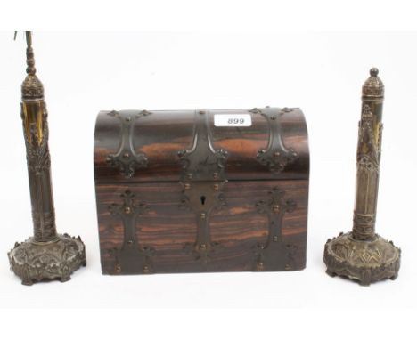 Good quality Victorian coromandel dome-top stationery box with Gothic brass strapwork, 22cm and pair Regency gilt metal Gothi