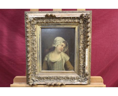 18th century French School oil on tin panel - portrait of a young lady in bonnet, in gilt frame, 22cm x 17cm