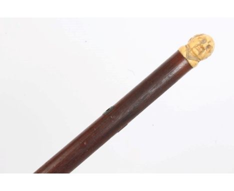 Regency rosewood walking stick with carved ivory bust of a gentleman, knop 90cm high