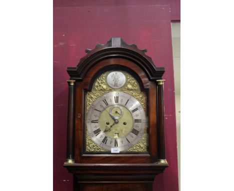 George III eight day longcase clock with brass arched dial with silvered plaque in arch engraved with huntsman, silvered chap