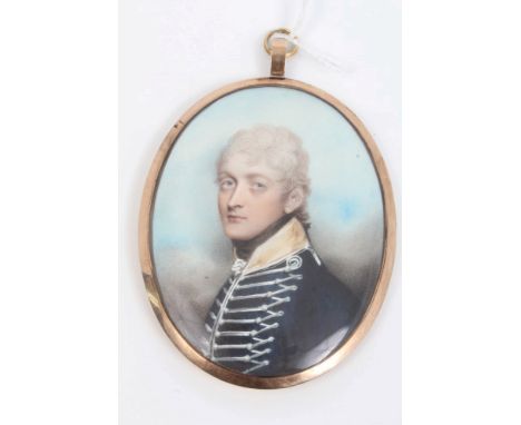 Andrew Plimer (1763 - 1837), watercolour on ivory - miniature portrait of a Gentleman, Cavalry Officer, wearing navy uniform 