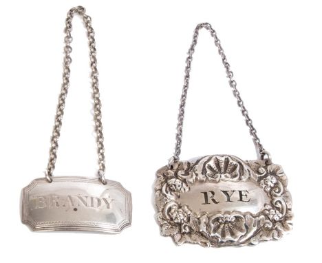 George III silver decanter label - 'Brandy' (London 1802), together with one other late 19th century cast shell and floral de