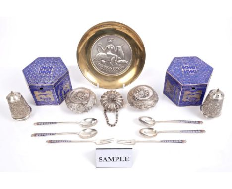 Pair Eastern white metal sugar caskets of hexagonal form, with blue enamel decoration and slip-on covers, six pairs of white 