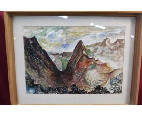 Harold Herbert Shelton (1913 - 1994), ink and watercolour - rocky coastline, signed and dated '55, in glazed frame, 54cm x 75