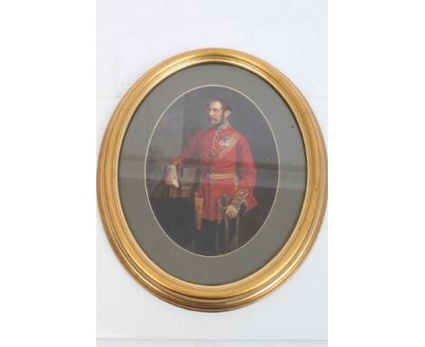 Late 19th century overpainted photograph - portrait of a Major of the Scots Guards, standing three-quarter length, wearing me