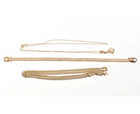 Yellow gold 'Spiga' link chain, a white and yellow gold (9ct) bracelet and an opal pendant on chain   CONDITION REPORT  26.4g