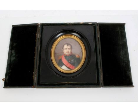 Continental School (19th century), watercolour portrait on ivory - Napoleon, half-length portrait in military attire and red 