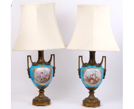 Pair good quality late 19th century French - probably Sèvres porcelain and ormolu mounted table lamps with finely painted pla