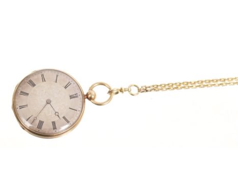 Early 19th century Swiss gold and enamel fob watch, with circular engraved silvered dial with black enamel Roman numerals, th